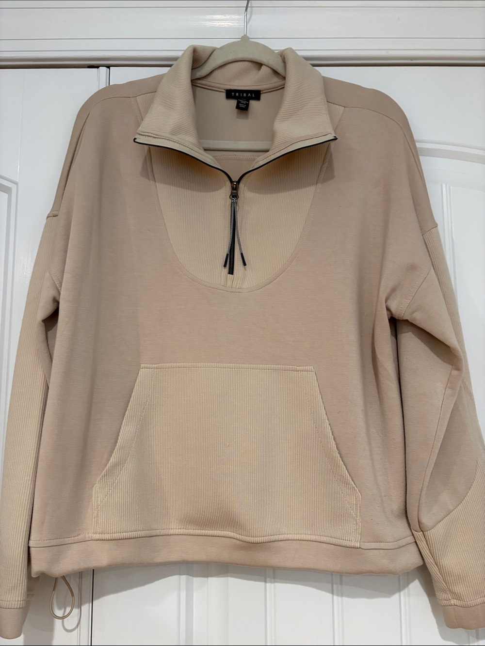 Tribal Neutral Beige Half-Zip Cowl Pullover